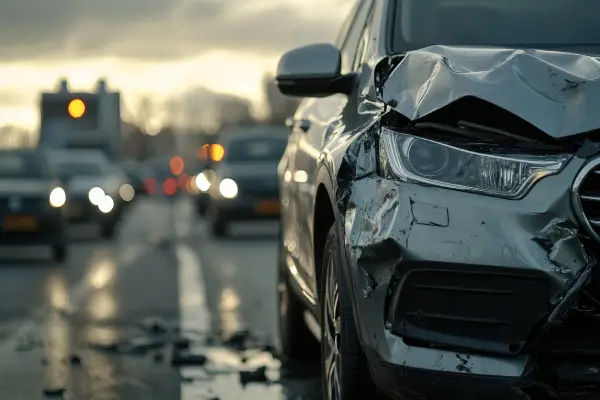 Close-up of a severely damaged car in the foreground, with blurred traffic and a cloudy sunset in the background
