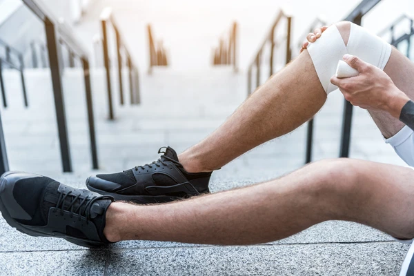 A man with a knee injury sits on the steps, looking pensive and resting his injured leg